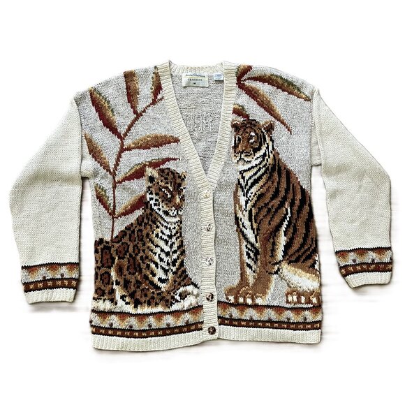 Marisa Christina Knit Cardigan Sweater Leopard & Tiger Big Cat Vintage 90s - Picture 1 of 12